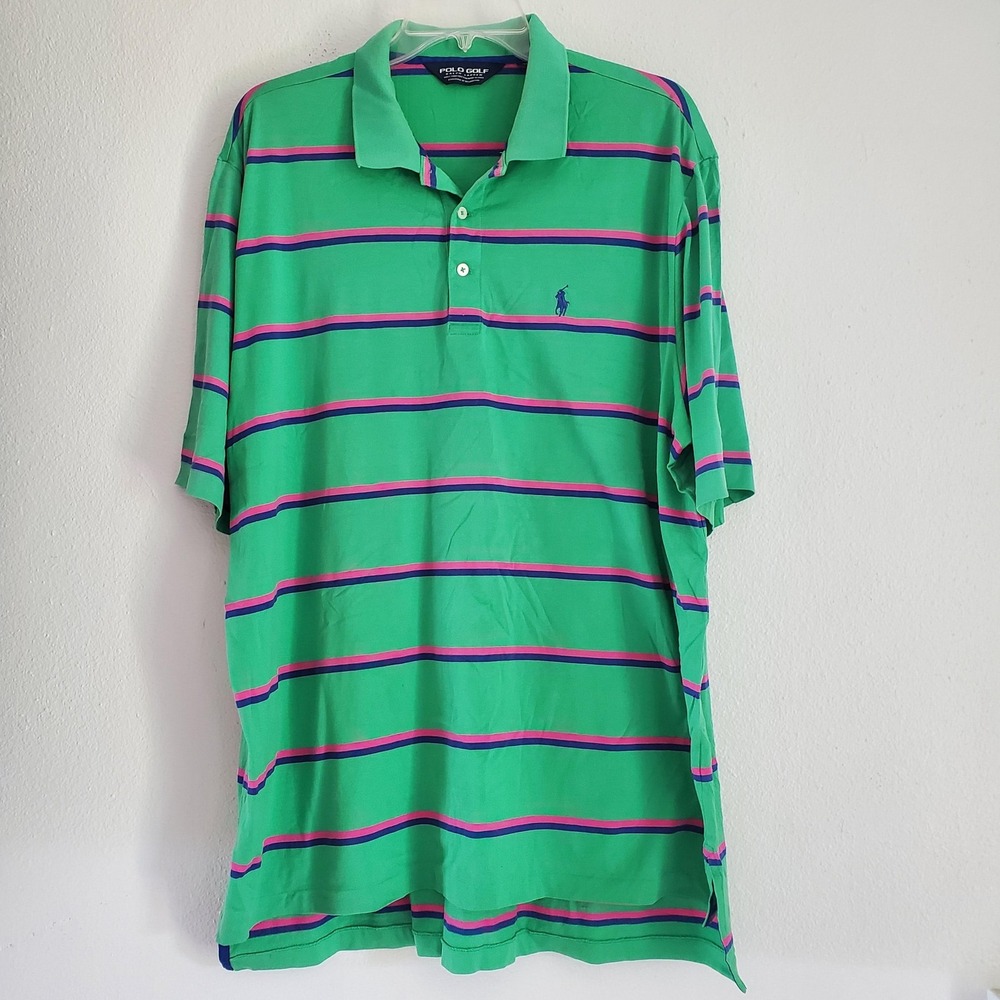 Polo Golf Ralph Lauren Polo Shirt Mens XL Green Pink Blue Striped Lakewood Pima
